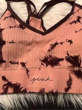 PINK Victoria's Secret Peach and Dark Brown Tie-Dye Ribbed Sports Bra